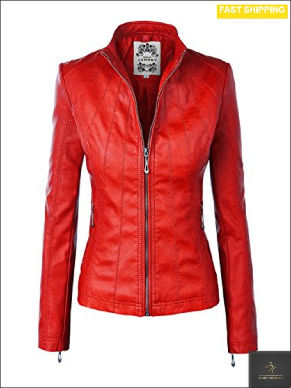 Faux Leather Zip Up Moto Biker Jacket With Stitching Detail